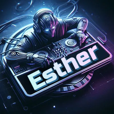 Estilo cyberpunk con DJ robot tocando, nombre en primer plano con iluminación neón. - Esther Estilo cyberpunk con DJ robot tocando, nombre en primer plano con iluminación neón. - Esther