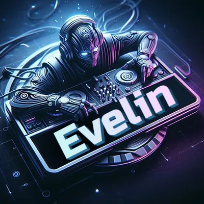 Estilo cyberpunk con DJ robot tocando, nombre en primer plano con iluminación neón. - Evelin