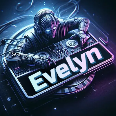 Estilo cyberpunk con DJ robot tocando, nombre en primer plano con iluminación neón. - Evelyn