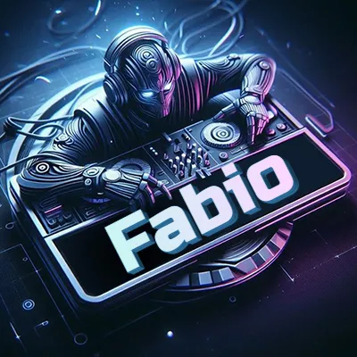 Personaje DJ robot con diseño futurista, usando auriculares y parado frente a una consola de música avanzada que emite luz azul neón y cables conectados. El nombre Fabio está escrito en 3D destacado sobre la consola de música en la parte frontal de la imagen.