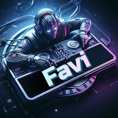 Estilo cyberpunk con DJ robot tocando, nombre en primer plano con iluminación neón. - Favi Estilo cyberpunk con DJ robot tocando, nombre en primer plano con iluminación neón. - Favi
