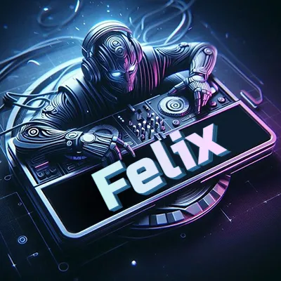 Estilo cyberpunk con DJ robot tocando, nombre en primer plano con iluminación neón. - Felix Estilo cyberpunk con DJ robot tocando, nombre en primer plano con iluminación neón. - Felix