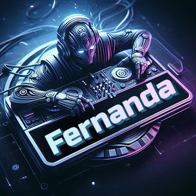 Estilo cyberpunk con DJ robot tocando, nombre en primer plano con iluminación neón. - Fernanda Estilo cyberpunk con DJ robot tocando, nombre en primer plano con iluminación neón. - Fernanda