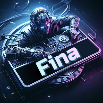 Estilo cyberpunk con DJ robot tocando, nombre en primer plano con iluminación neón. - Fina