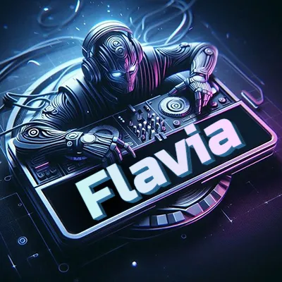 Estilo cyberpunk con DJ robot tocando, nombre en primer plano con iluminación neón. - Flavia