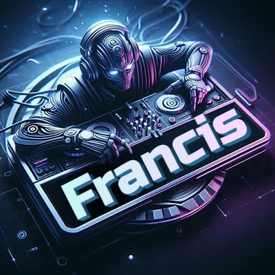 Personaje DJ robot con diseño futurista, usando auriculares y parado frente a una consola de música avanzada que emite luz azul neón y cables conectados. El nombre Francis está escrito en 3D destacado sobre la consola de música en la parte frontal de la imagen.
