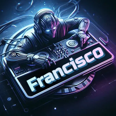 Estilo cyberpunk con DJ robot tocando, nombre en primer plano con iluminación neón. - Francis
