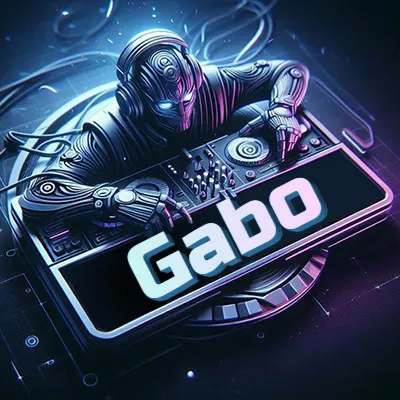 Estilo cyberpunk con DJ robot tocando, nombre en primer plano con iluminación neón. - Gabo Estilo cyberpunk con DJ robot tocando, nombre en primer plano con iluminación neón. - Gabo
