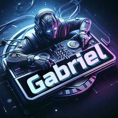 Estilo cyberpunk con DJ robot tocando, nombre en primer plano con iluminación neón. - Gabriel Estilo cyberpunk con DJ robot tocando, nombre en primer plano con iluminación neón. - Gabriel