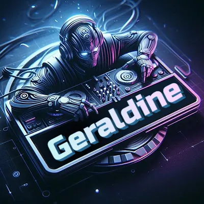 Estilo cyberpunk con DJ robot tocando, nombre en primer plano con iluminación neón. - Geraldine