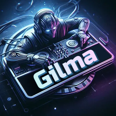 Estilo cyberpunk con DJ robot tocando, nombre en primer plano con iluminación neón. - Gilma