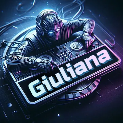 Estilo cyberpunk con DJ robot tocando, nombre en primer plano con iluminación neón. - Giuliana
