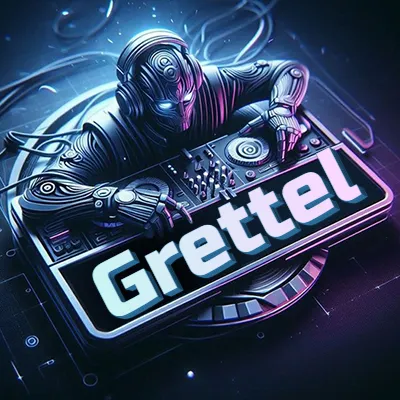 Estilo cyberpunk con DJ robot tocando, nombre en primer plano con iluminación neón. - Grettel Estilo cyberpunk con DJ robot tocando, nombre en primer plano con iluminación neón. - Grettel