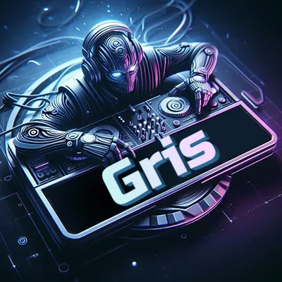 Estilo cyberpunk con DJ robot tocando, nombre en primer plano con iluminación neón. - Gris