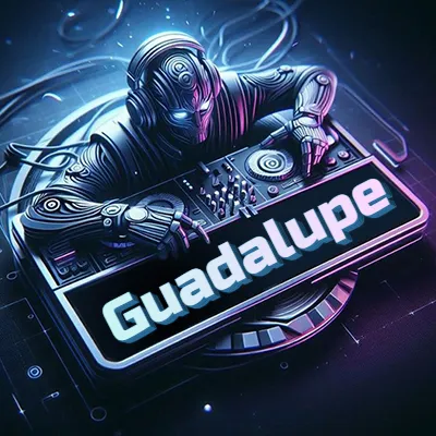 Estilo cyberpunk con DJ robot tocando, nombre en primer plano con iluminación neón. - Guadalupe