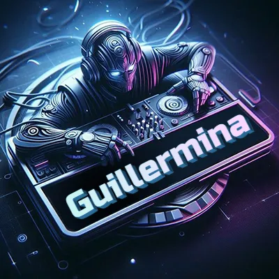 Estilo cyberpunk con DJ robot tocando, nombre en primer plano con iluminación neón. - Guillermina