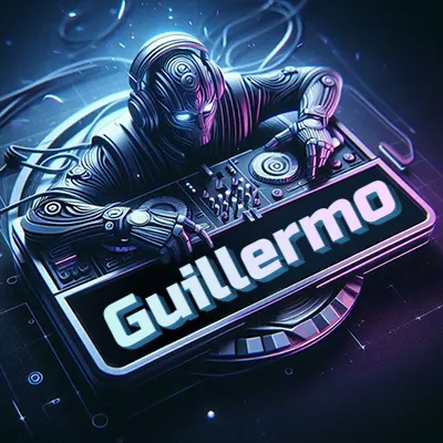 Estilo cyberpunk con DJ robot tocando, nombre en primer plano con iluminación neón. - Guillermo