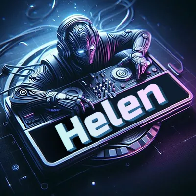 Estilo cyberpunk con DJ robot tocando, nombre en primer plano con iluminación neón. - Helen