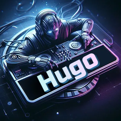 Estilo cyberpunk con DJ robot tocando, nombre en primer plano con iluminación neón. - Hugo