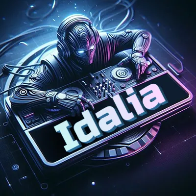 Estilo cyberpunk con DJ robot tocando, nombre en primer plano con iluminación neón. - Idalia