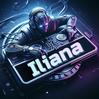 Estilo cyberpunk con DJ robot tocando, nombre en primer plano con iluminación neón. - Iliana