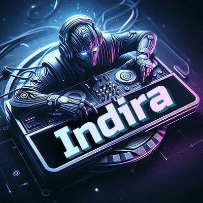 Estilo cyberpunk con DJ robot tocando, nombre en primer plano con iluminación neón. - Indira Estilo cyberpunk con DJ robot tocando, nombre en primer plano con iluminación neón. - Indira
