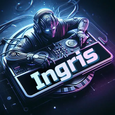 Estilo cyberpunk con DJ robot tocando, nombre en primer plano con iluminación neón. - Ingris Estilo cyberpunk con DJ robot tocando, nombre en primer plano con iluminación neón. - Ingris