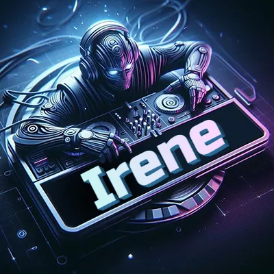 Estilo cyberpunk con DJ robot tocando, nombre en primer plano con iluminación neón. - Irene Estilo cyberpunk con DJ robot tocando, nombre en primer plano con iluminación neón. - Irene
