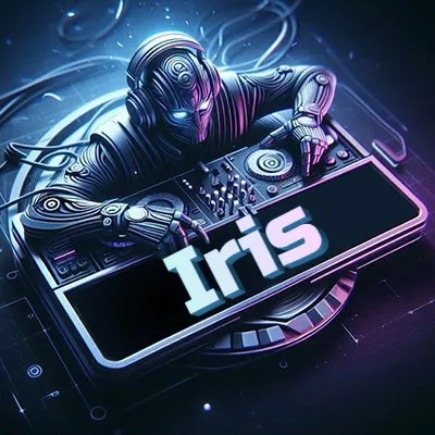 Estilo cyberpunk con DJ robot tocando, nombre en primer plano con iluminación neón. - Iris