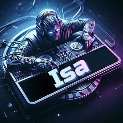 Personaje DJ robot con diseño futurista, usando auriculares y parado frente a una consola de música avanzada que emite luz azul neón y cables conectados. El nombre Isa está escrito en 3D destacado sobre la consola de música en la parte frontal de la imagen.