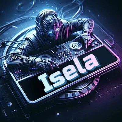 Estilo cyberpunk con DJ robot tocando, nombre en primer plano con iluminación neón. - Isela Estilo cyberpunk con DJ robot tocando, nombre en primer plano con iluminación neón. - Isela