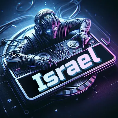 Estilo cyberpunk con DJ robot tocando, nombre en primer plano con iluminación neón. - Israel