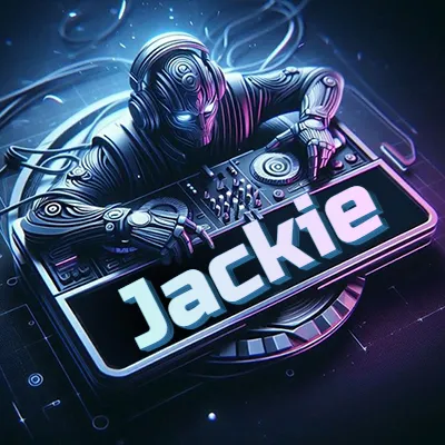 Estilo cyberpunk con DJ robot tocando, nombre en primer plano con iluminación neón. - Jackie