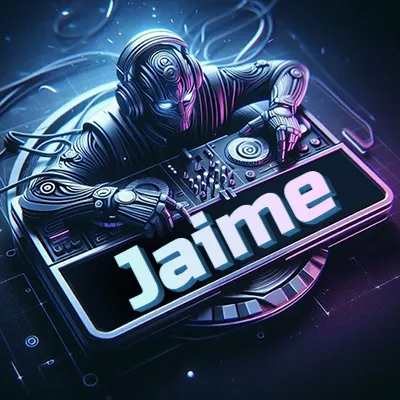 Estilo cyberpunk con DJ robot tocando, nombre en primer plano con iluminación neón. - Jaime