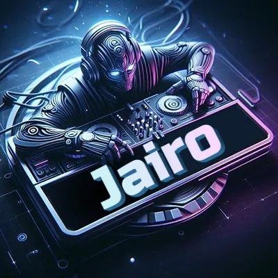 Estilo cyberpunk con DJ robot tocando, nombre en primer plano con iluminación neón. - Jairo