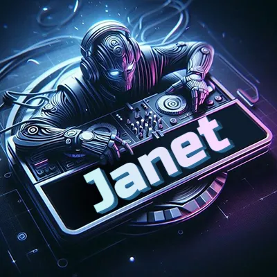 Personaje DJ robot con diseño futurista, usando auriculares y parado frente a una consola de música avanzada que emite luz azul neón y cables conectados. El nombre Janet está escrito en 3D destacado sobre la consola de música en la parte frontal de la imagen.