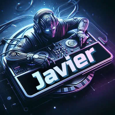 Estilo cyberpunk con DJ robot tocando, nombre en primer plano con iluminación neón. - Javier
