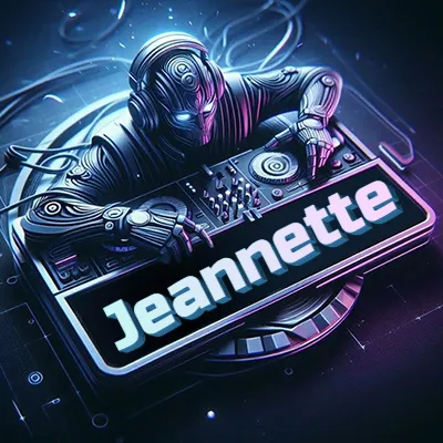 Estilo cyberpunk con DJ robot tocando, nombre en primer plano con iluminación neón. - Jeannette