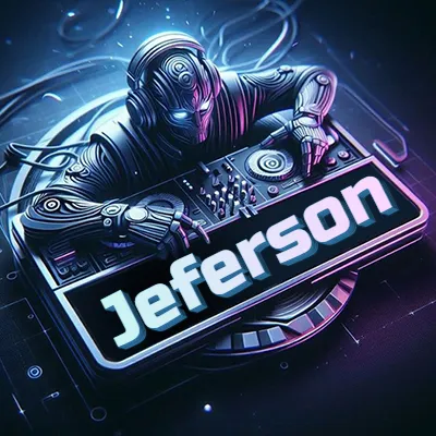 Estilo cyberpunk con DJ robot tocando, nombre en primer plano con iluminación neón. - Jeferson