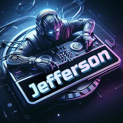 Estilo cyberpunk con DJ robot tocando, nombre en primer plano con iluminación neón. - Jefferson