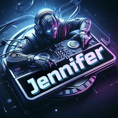 Estilo cyberpunk con DJ robot tocando, nombre en primer plano con iluminación neón. - Jennifer