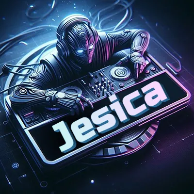 Estilo cyberpunk con DJ robot tocando, nombre en primer plano con iluminación neón. - Jesica
