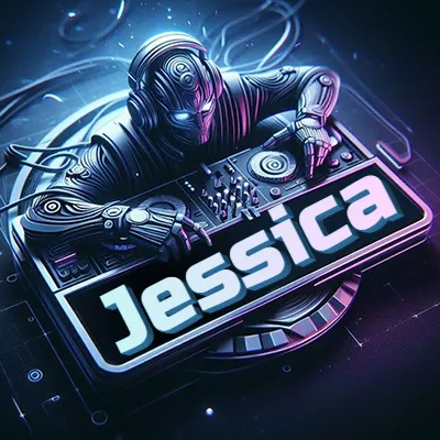 Estilo cyberpunk con DJ robot tocando, nombre en primer plano con iluminación neón. - Jessica