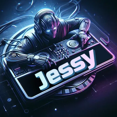 Estilo cyberpunk con DJ robot tocando, nombre en primer plano con iluminación neón. - Jessy