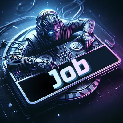 Estilo cyberpunk con DJ robot tocando, nombre en primer plano con iluminación neón. - Job