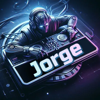 Estilo cyberpunk con DJ robot tocando, nombre en primer plano con iluminación neón. - Jorge