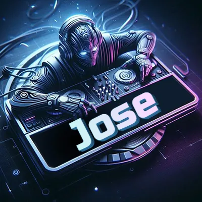 Personaje DJ robot con diseño futurista, usando auriculares y parado frente a una consola de música avanzada que emite luz azul neón y cables conectados. El nombre Jose está escrito en 3D destacado sobre la consola de música en la parte frontal de la imagen.