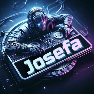 Estilo cyberpunk con DJ robot tocando, nombre en primer plano con iluminación neón. - Josefa