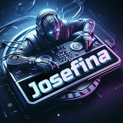Estilo cyberpunk con DJ robot tocando, nombre en primer plano con iluminación neón. - Josefina