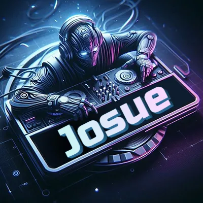 Estilo cyberpunk con DJ robot tocando, nombre en primer plano con iluminación neón. - Josue
